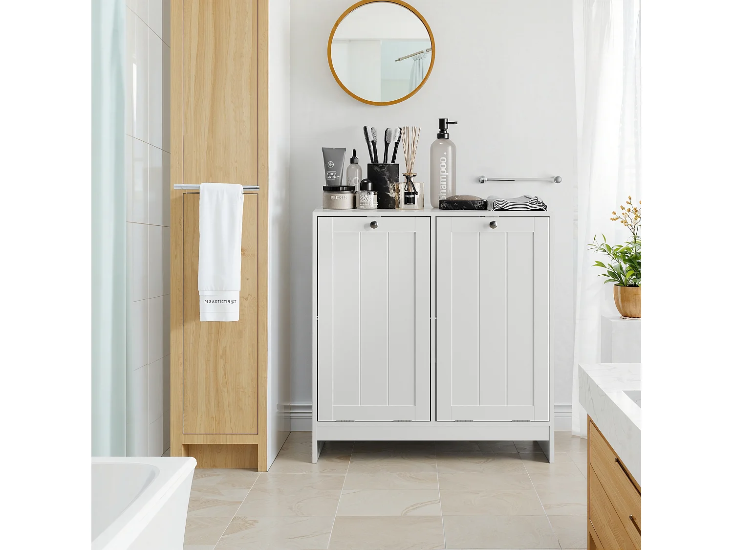 Panier à linge basculant avec panier amovible, meuble de rangement pour salle de bain, organisateur freestanding, blanc (66x33x68 cm)