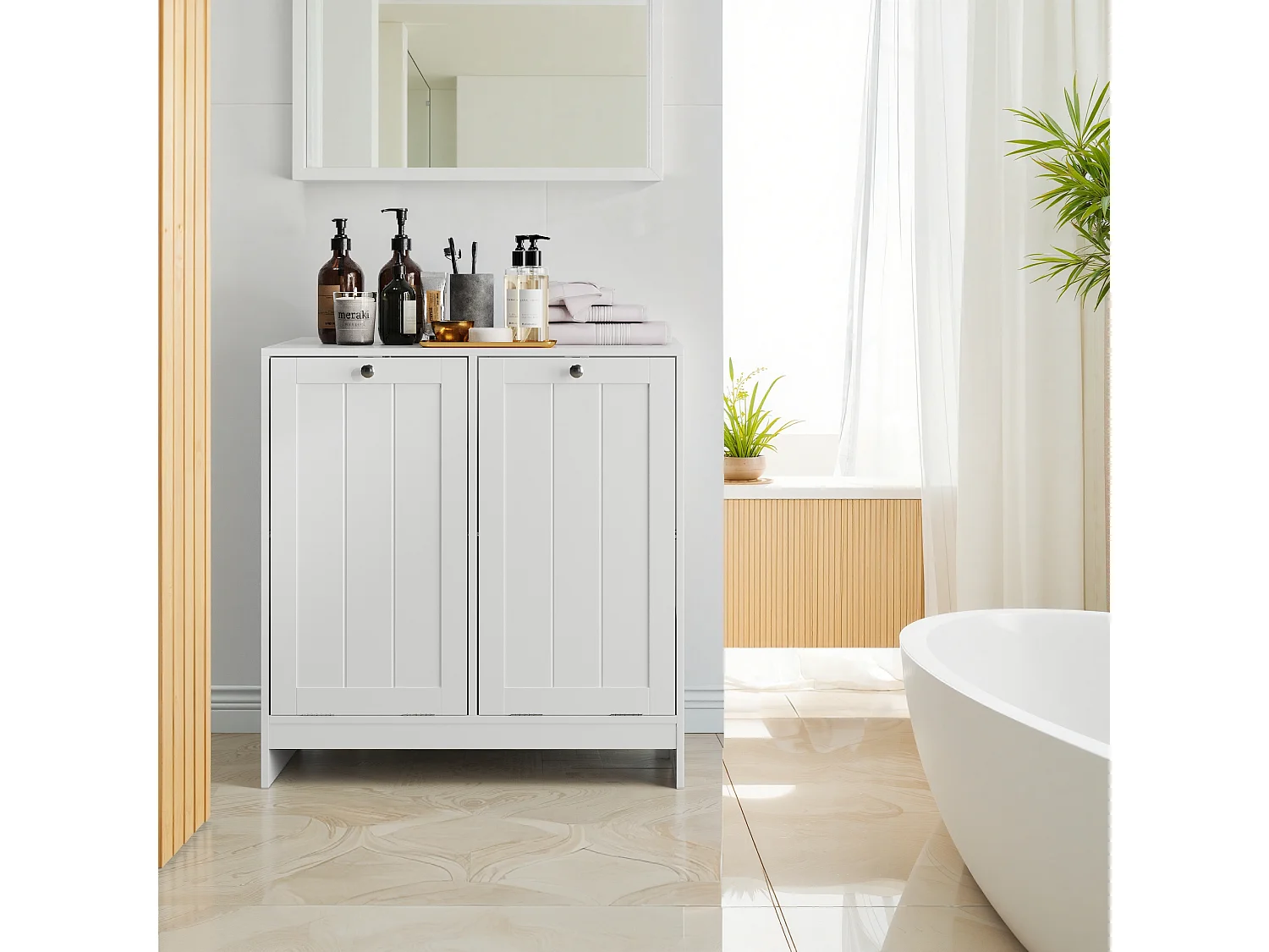 Panier à linge basculant avec panier amovible, meuble de rangement pour salle de bain, organisateur freestanding, blanc (66x33x68 cm)