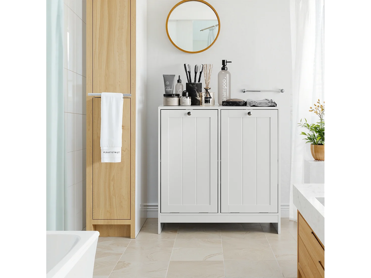 Kantelbare wasmand met uitneembare mand, badkameropbergmeubel, vrijstaande organizer, wit (66x33x68 cm)