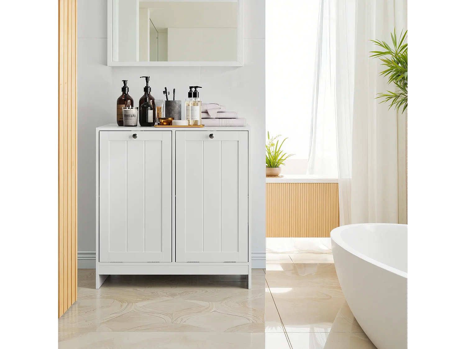 Kantelbare wasmand met uitneembare mand, badkameropbergmeubel, vrijstaande organizer, wit (66x33x68 cm)