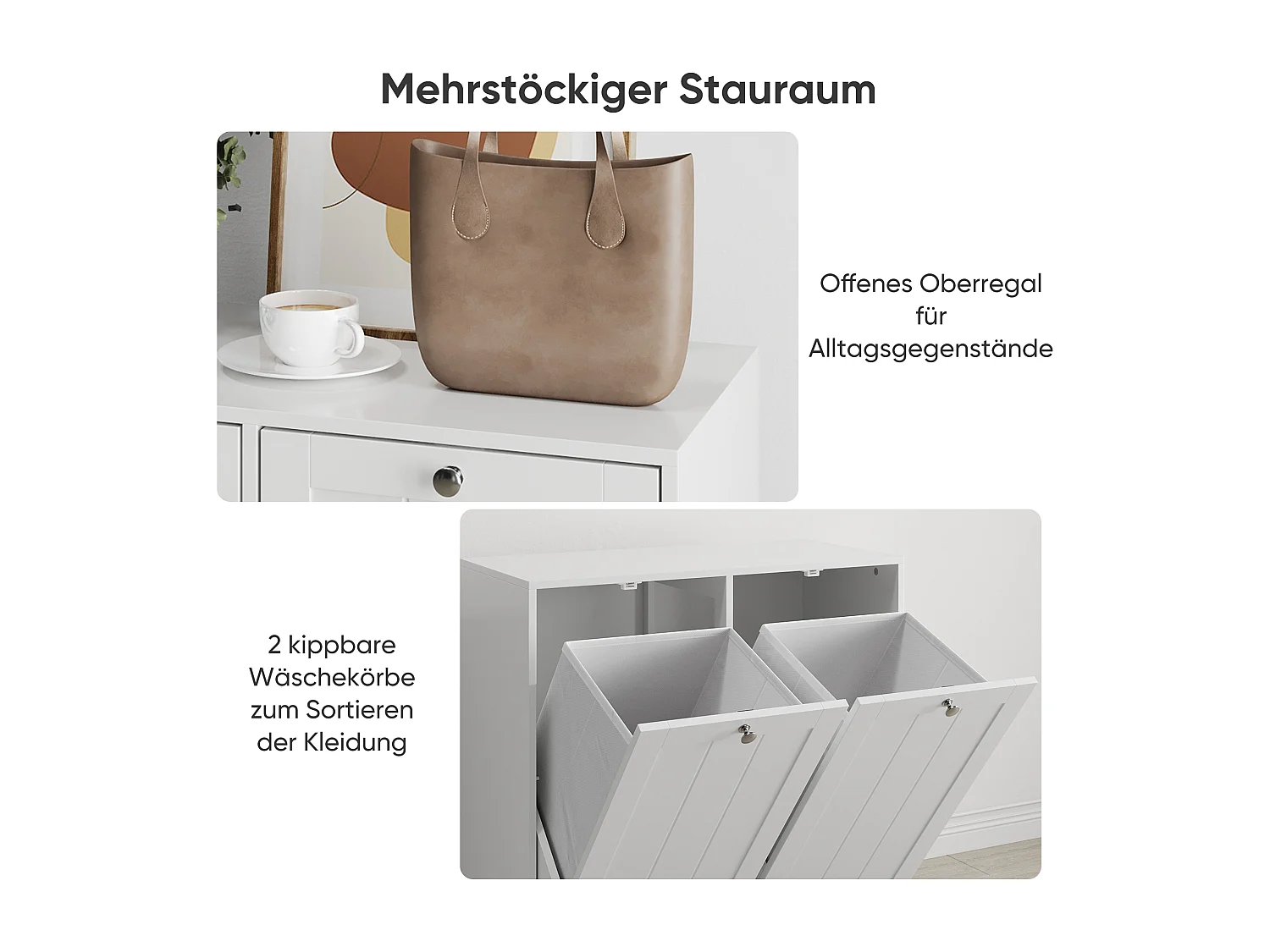 Kantelbare wasmand met uitneembare mand, badkameropbergmeubel, vrijstaande organizer, wit (66x33x68 cm)