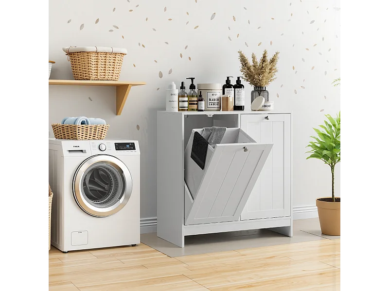 Kantelbare wasmand met uitneembare mand, badkameropbergmeubel, vrijstaande organizer, wit (66x33x68 cm)