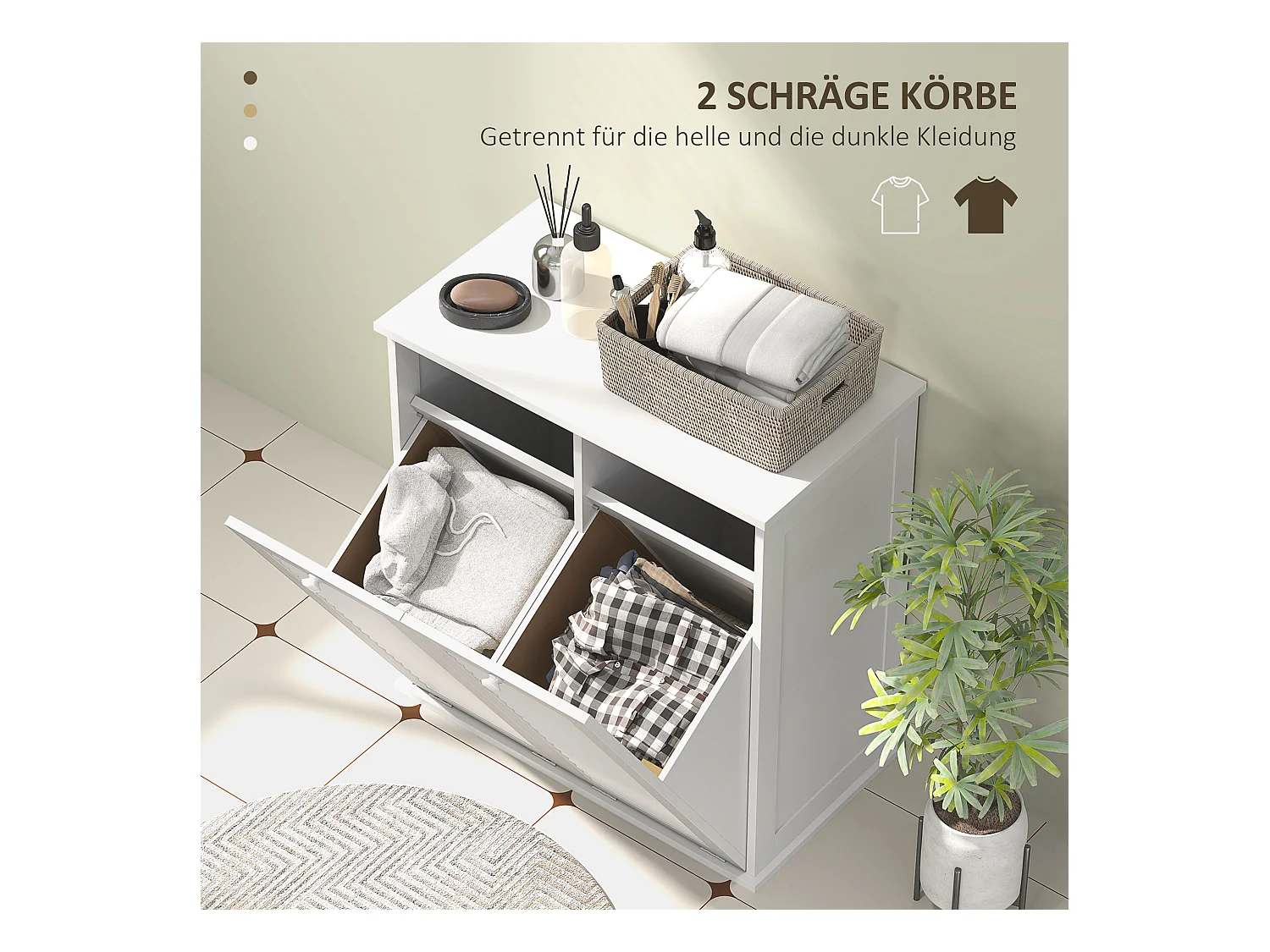 Armoire à linge avec 2 paniers, portes lamellées, MDF, blanc (70x38x73 cm)