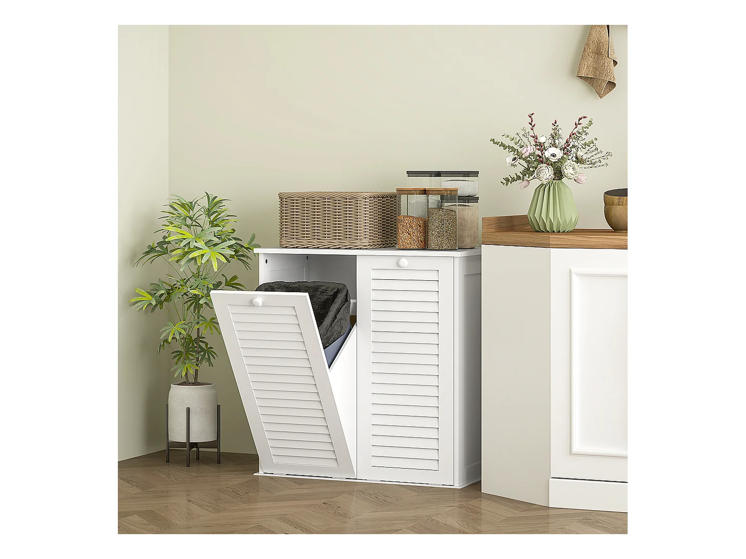 Armoire à linge avec 2 paniers, portes lamellées, MDF, blanc (70x38x73 cm)
