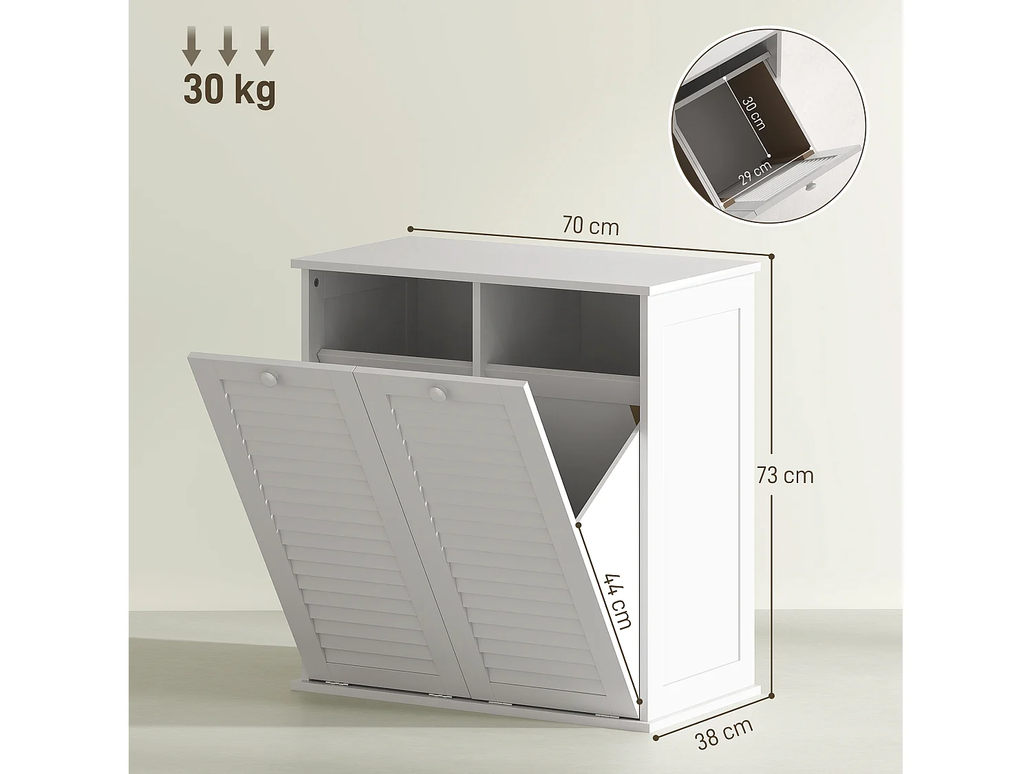 Mueble para ropa blanca con 2 cestas, puertas laminadas, MDF, blanco (70x38x73 cm)