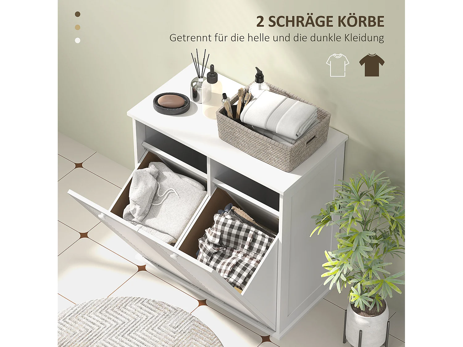 Mueble para ropa blanca con 2 cestas, puertas laminadas, MDF, blanco (70x38x73 cm)