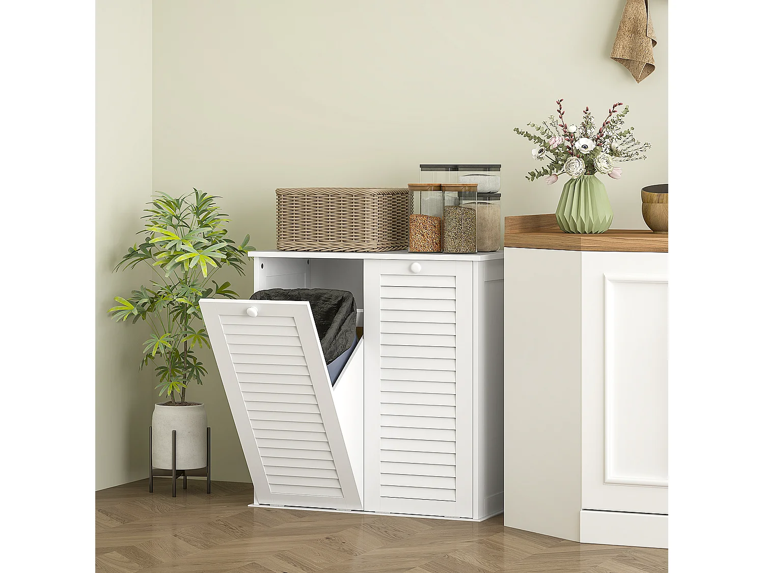 Mueble para ropa blanca con 2 cestas, puertas laminadas, MDF, blanco (70x38x73 cm)
