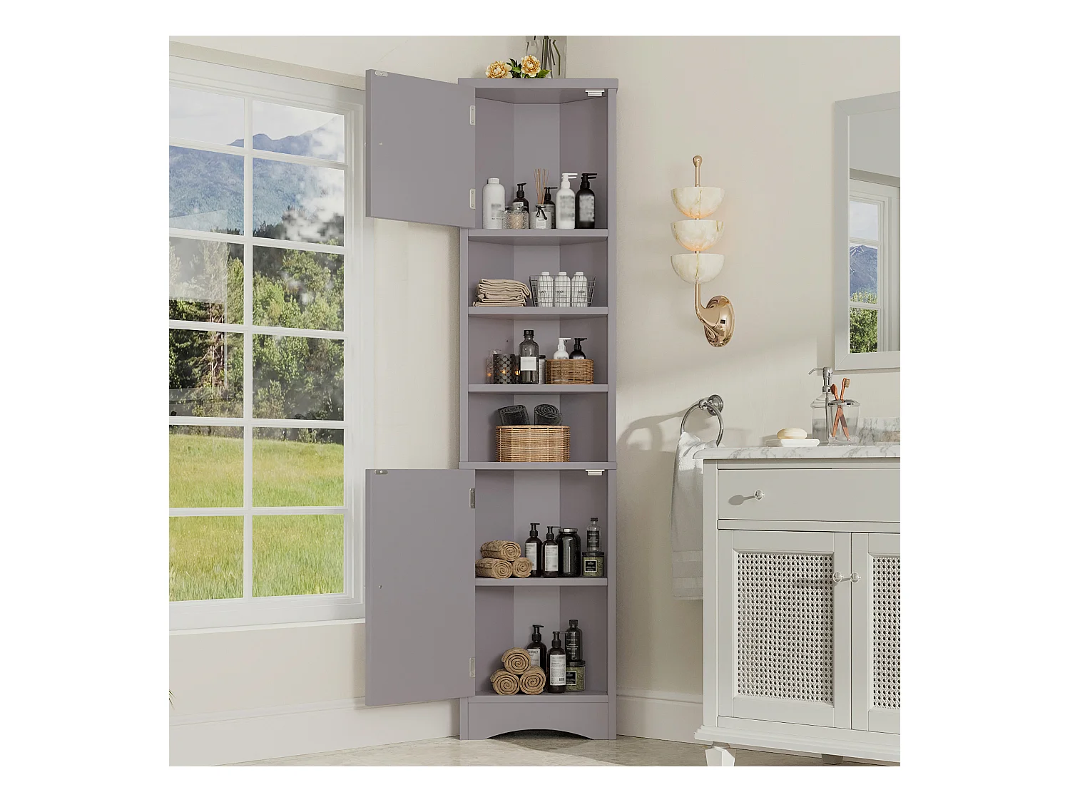 Armoire de salle de bain triangulaire, peinture résistante à l'humidité, étagères réglables, portes doubles, gris, (36.5x24.5x170 cm)