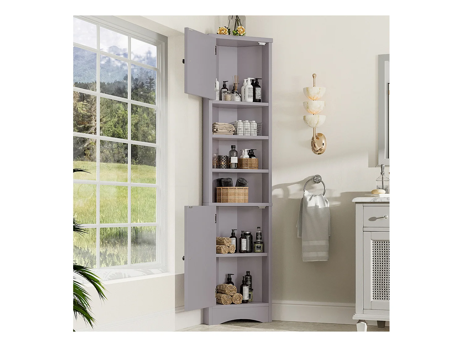 Armoire de salle de bain triangulaire, peinture résistante à l'humidité, étagères réglables, portes doubles, gris, (36.5x24.5x170 cm)