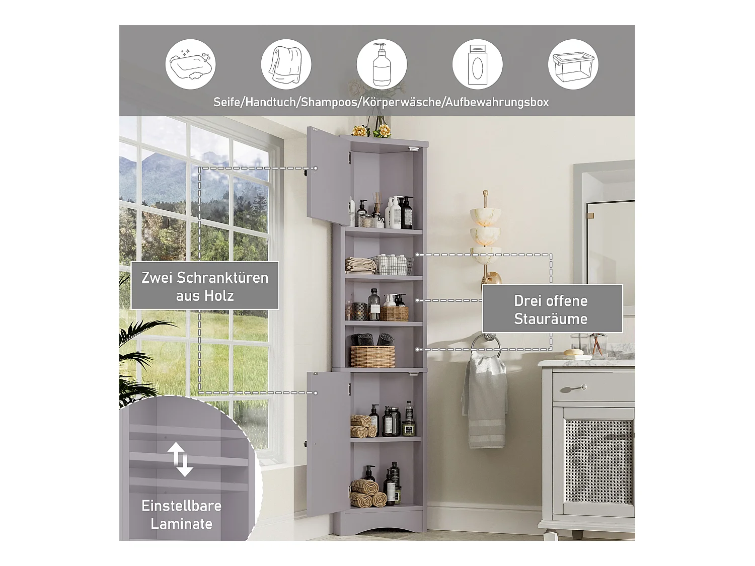 Armoire de salle de bain triangulaire, peinture résistante à l'humidité, étagères réglables, portes doubles, gris, (36.5x24.5x170 cm)