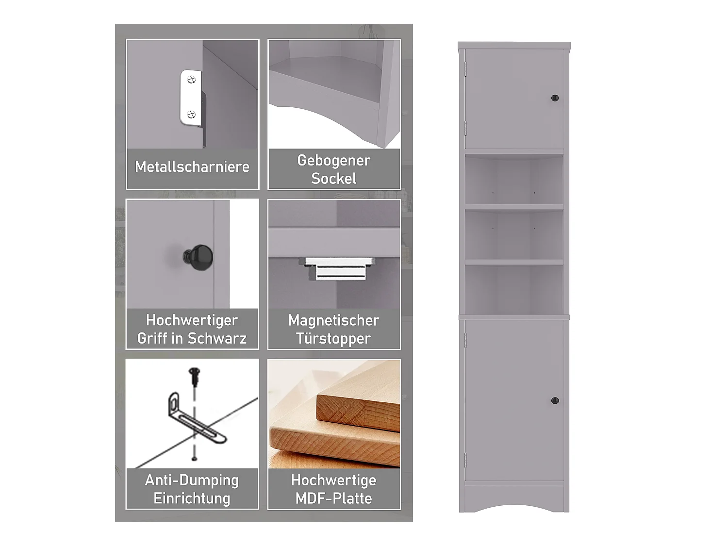 Armoire de salle de bain triangulaire, peinture résistante à l'humidité, étagères réglables, portes doubles, gris, (36.5x24.5x170 cm)