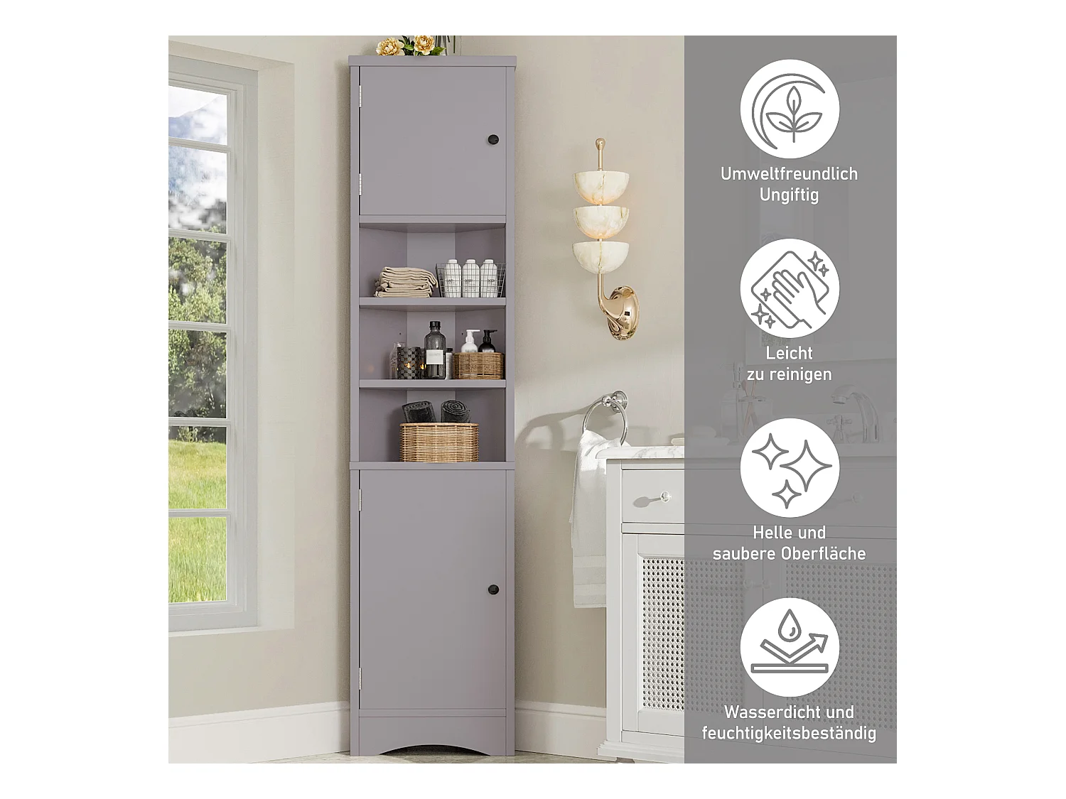 Armoire de salle de bain triangulaire, peinture résistante à l'humidité, étagères réglables, portes doubles, gris, (36.5x24.5x170 cm)