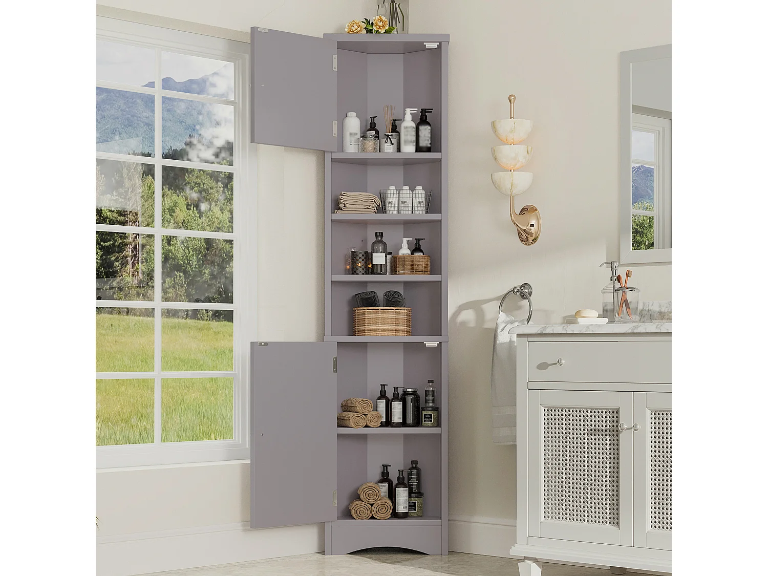 Armoire de salle de bain triangulaire, peinture résistante à l'humidité, étagères réglables, portes doubles, gris, (36.5x24.5x170 cm)