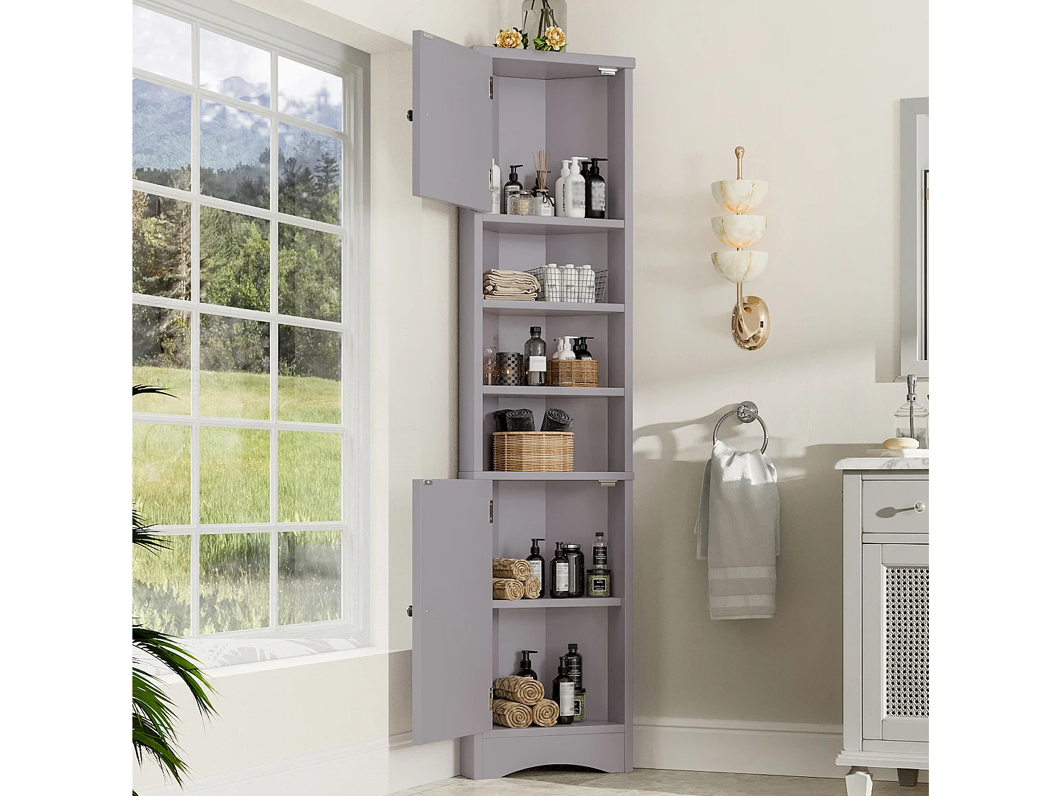 Armoire de salle de bain triangulaire, peinture résistante à l'humidité, étagères réglables, portes doubles, gris, (36.5x24.5x170 cm)