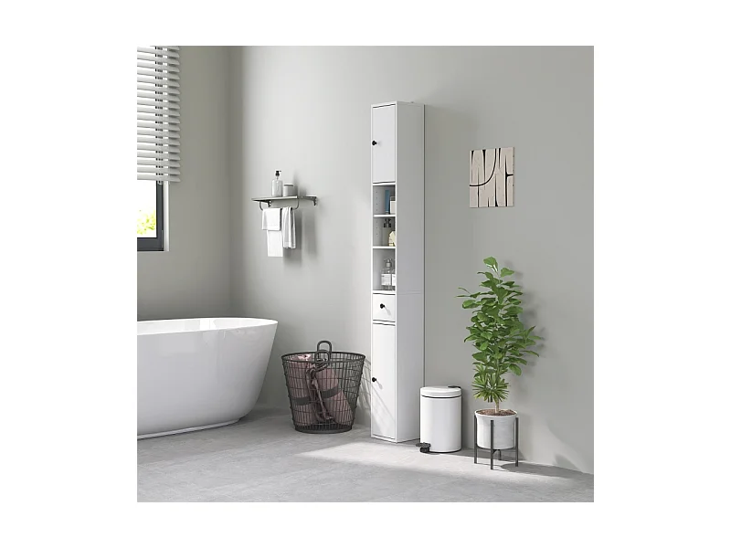 Armoire étroite avec tiroir et étagère réglable, en bois, blanc (20x20x178 cm)