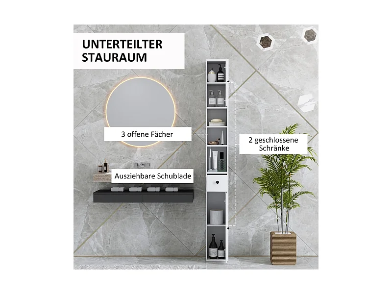 Armoire étroite avec tiroir et étagère réglable, en bois, blanc (20x20x178 cm)