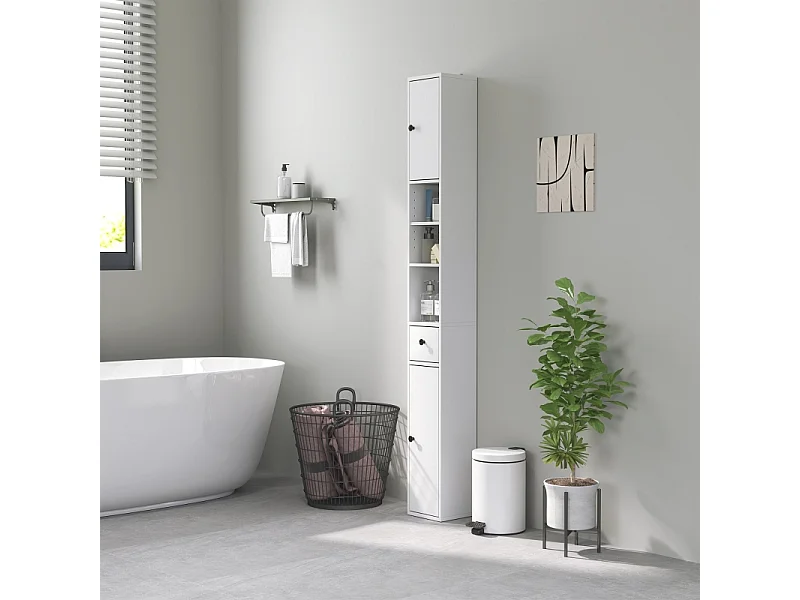 Armoire étroite avec tiroir et étagère réglable, en bois, blanc (20x20x178 cm)