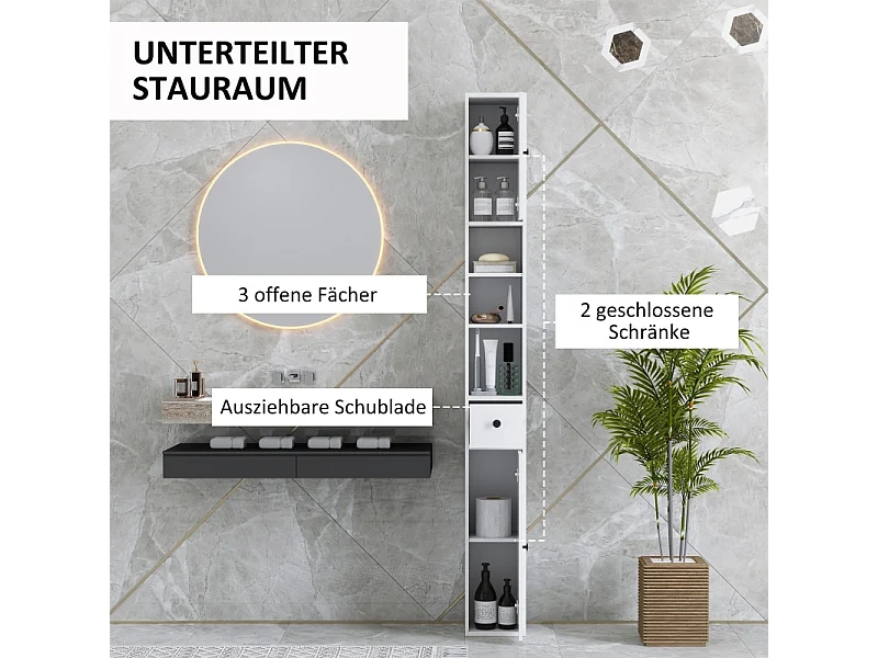 Armoire étroite avec tiroir et étagère réglable, en bois, blanc (20x20x178 cm)