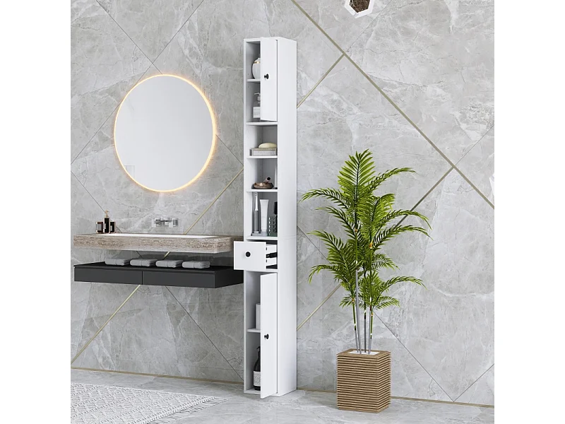 Armoire étroite avec tiroir et étagère réglable, en bois, blanc (20x20x178 cm)