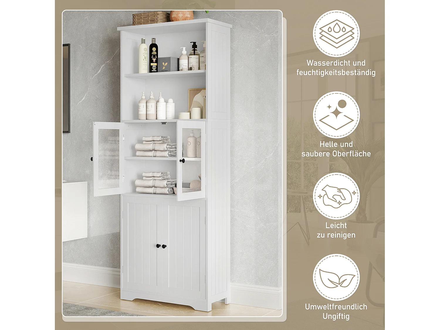Mueble de baño con puertas de madera y cristal, estantes regulables, pintura resistente a la humedad, color blanco, (57,4x28,5x160 cm)