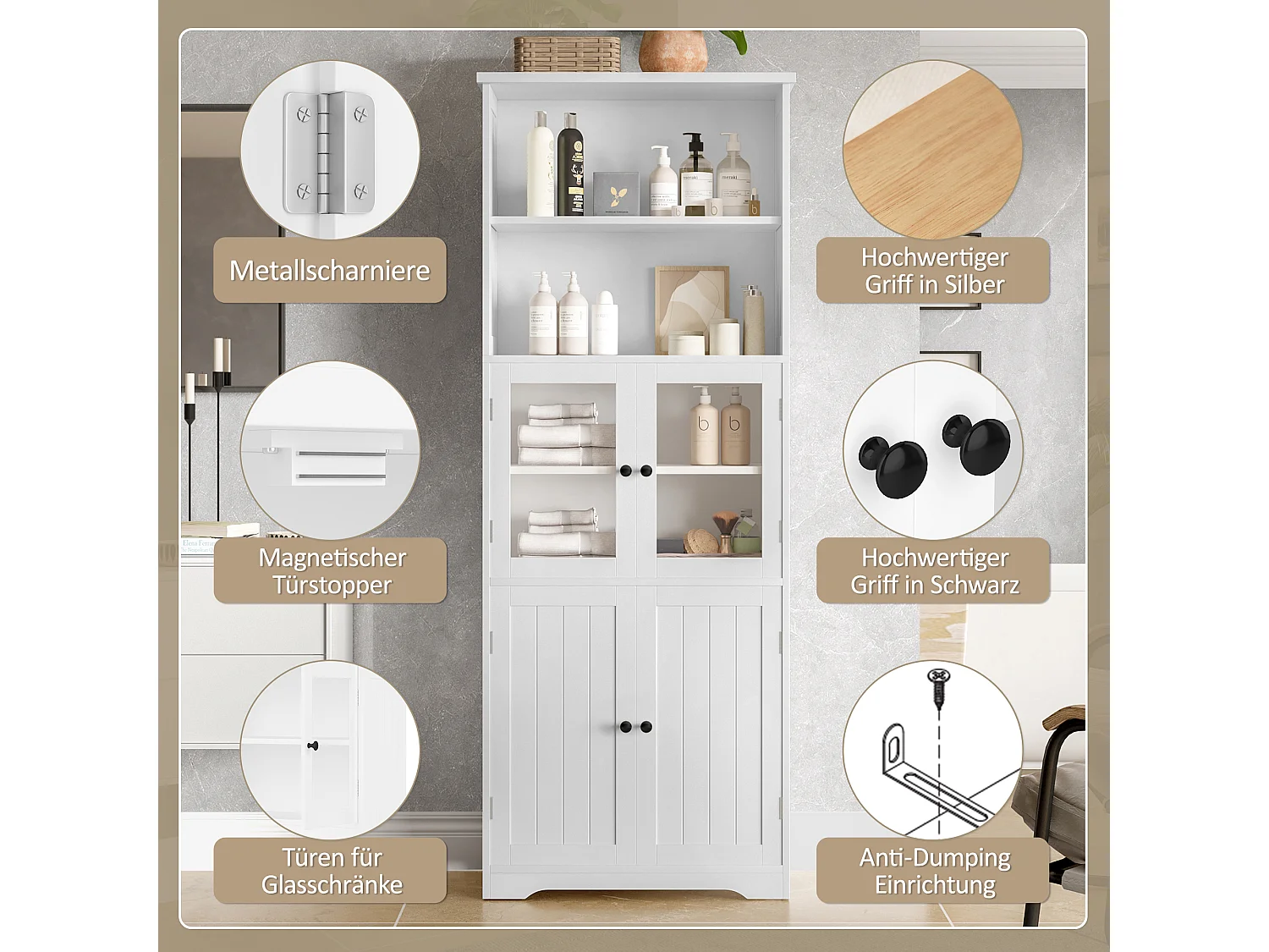 Mueble de baño con puertas de madera y cristal, estantes regulables, pintura resistente a la humedad, color blanco, (57,4x28,5x160 cm)