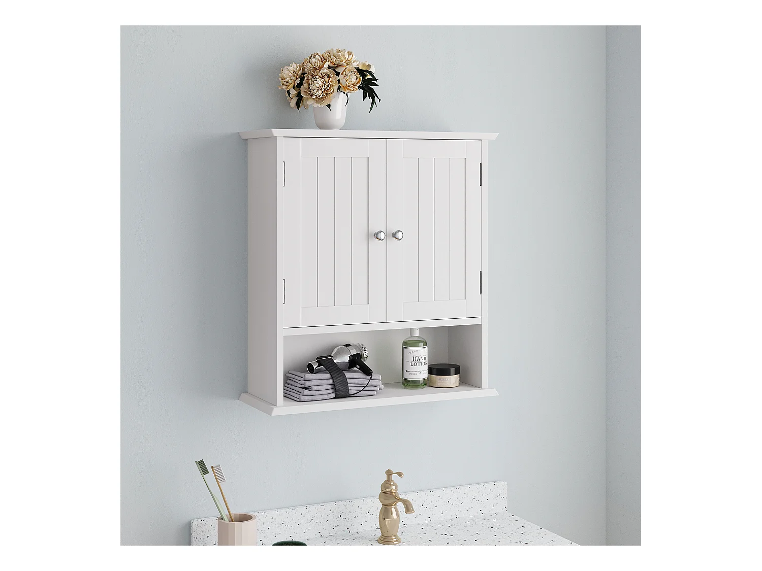 Meuble de salle de bain suspendu avec étagères réglables, MDF, blanc (54.6x19.8x59.9 cm)