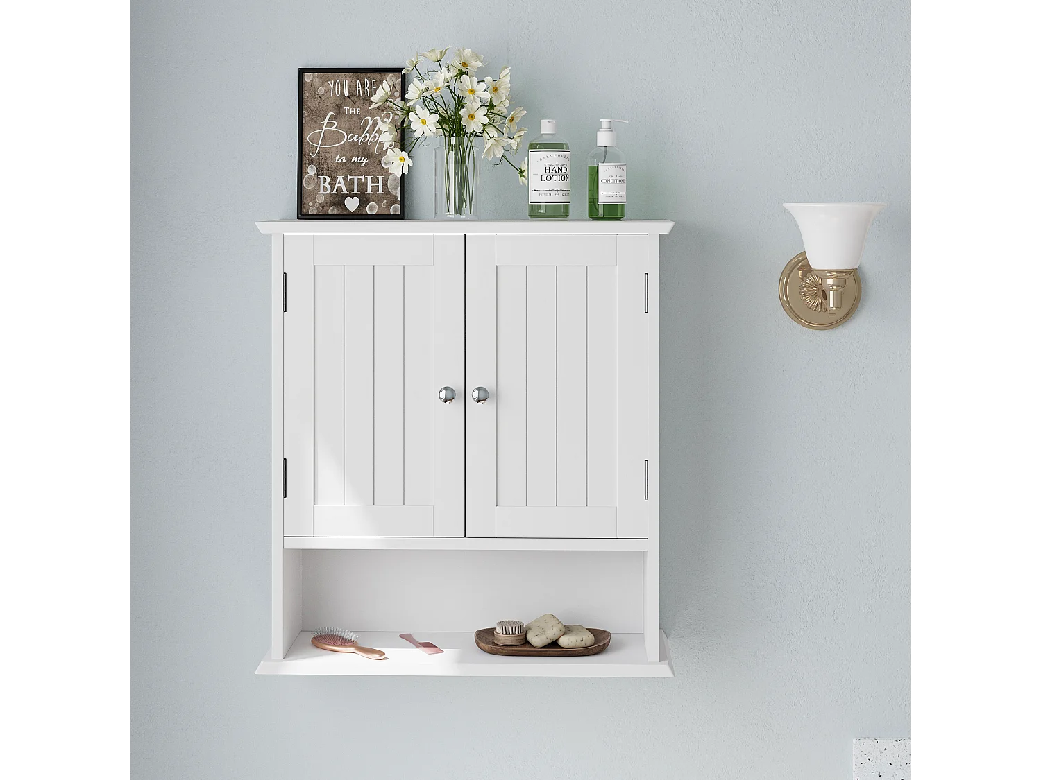 Meuble de salle de bain suspendu avec étagères réglables, MDF, blanc (54.6x19.8x59.9 cm)