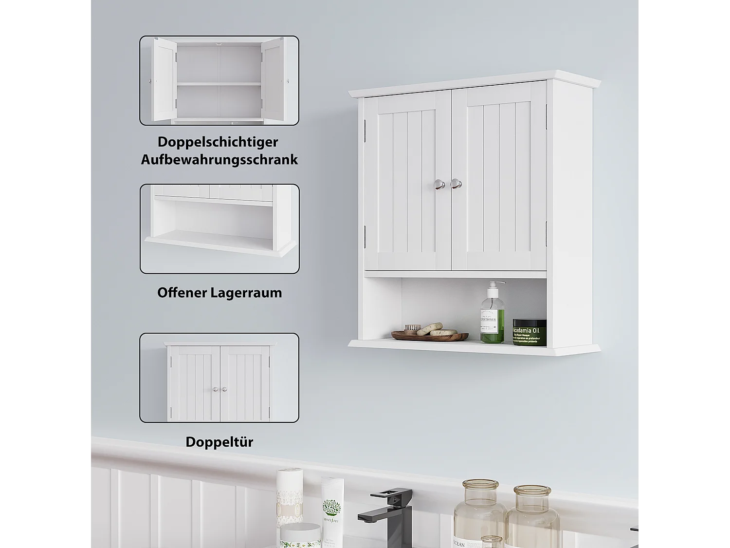 Meuble de salle de bain suspendu avec étagères réglables, MDF, blanc (54.6x19.8x59.9 cm)