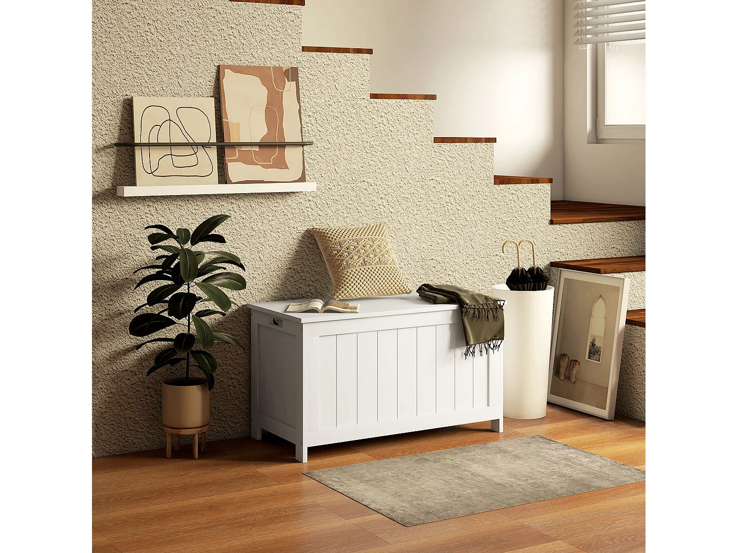 Boîte de Rangement avec Couvercle et Poignées, MDF, Blanc, 81x40x46 cm