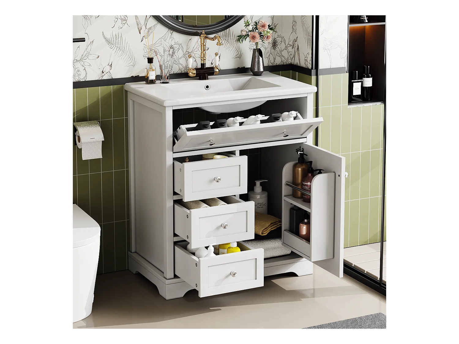 Meuble de salle de bain avec lavabo, peinture résistante à l'humidité, tiroirs à fermeture douce, étagères réglables, blanc, (76x46x87 cm)