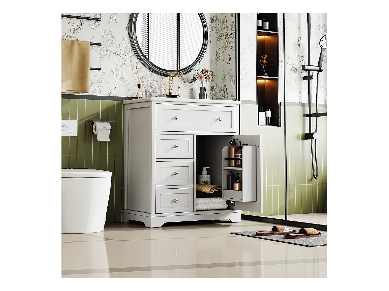 Meuble de salle de bain avec lavabo, peinture résistante à l'humidité, tiroirs à fermeture douce, étagères réglables, blanc, (76x46x87 cm)