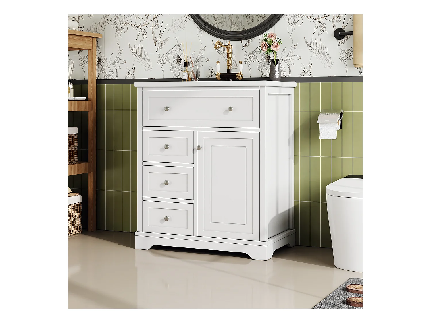 Meuble de salle de bain avec lavabo, peinture résistante à l'humidité, tiroirs à fermeture douce, étagères réglables, blanc, (76x46x87 cm)