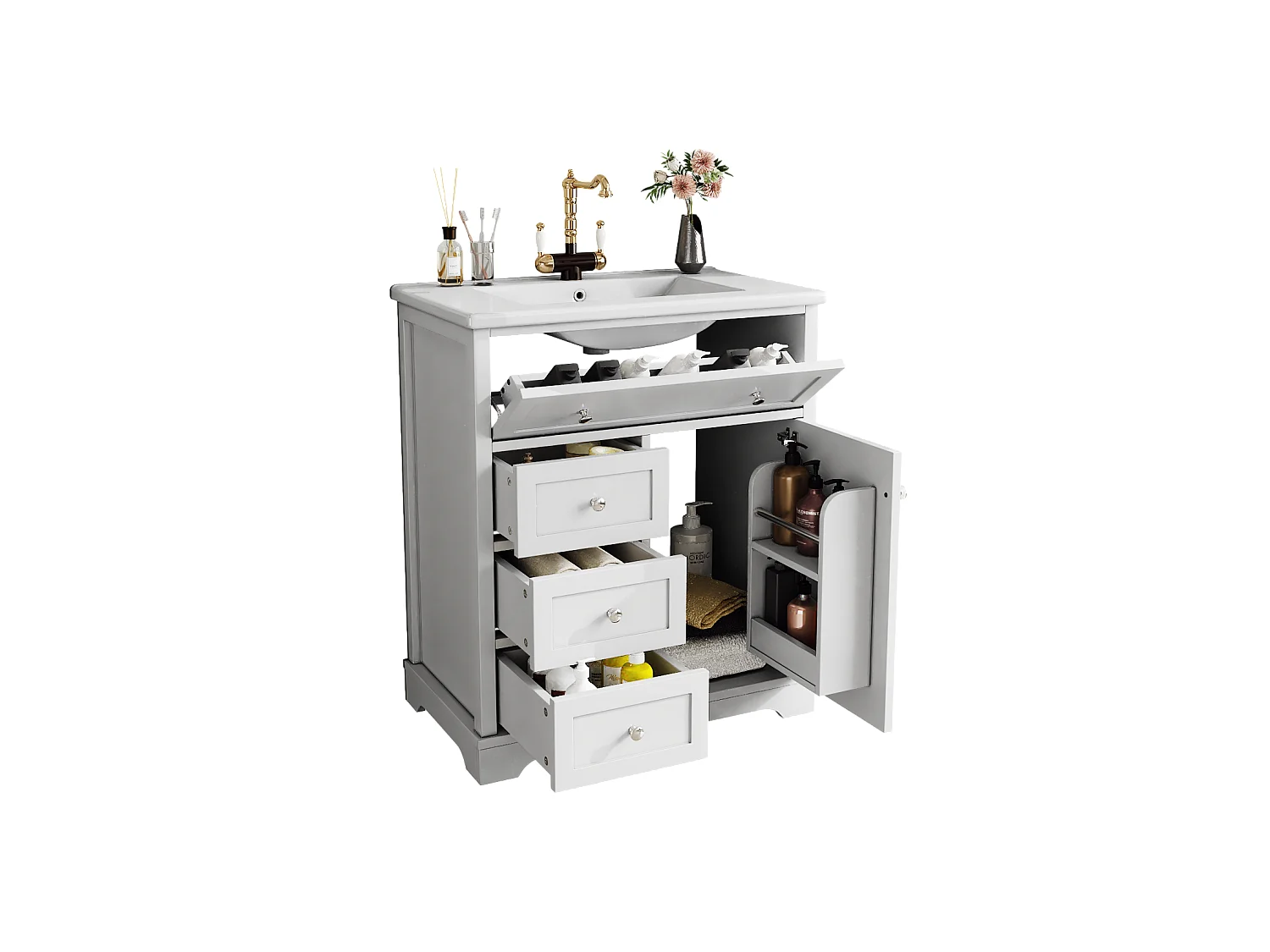 Meuble de salle de bain avec lavabo, peinture résistante à l'humidité, tiroirs à fermeture douce, étagères réglables, blanc, (76x46x87 cm)