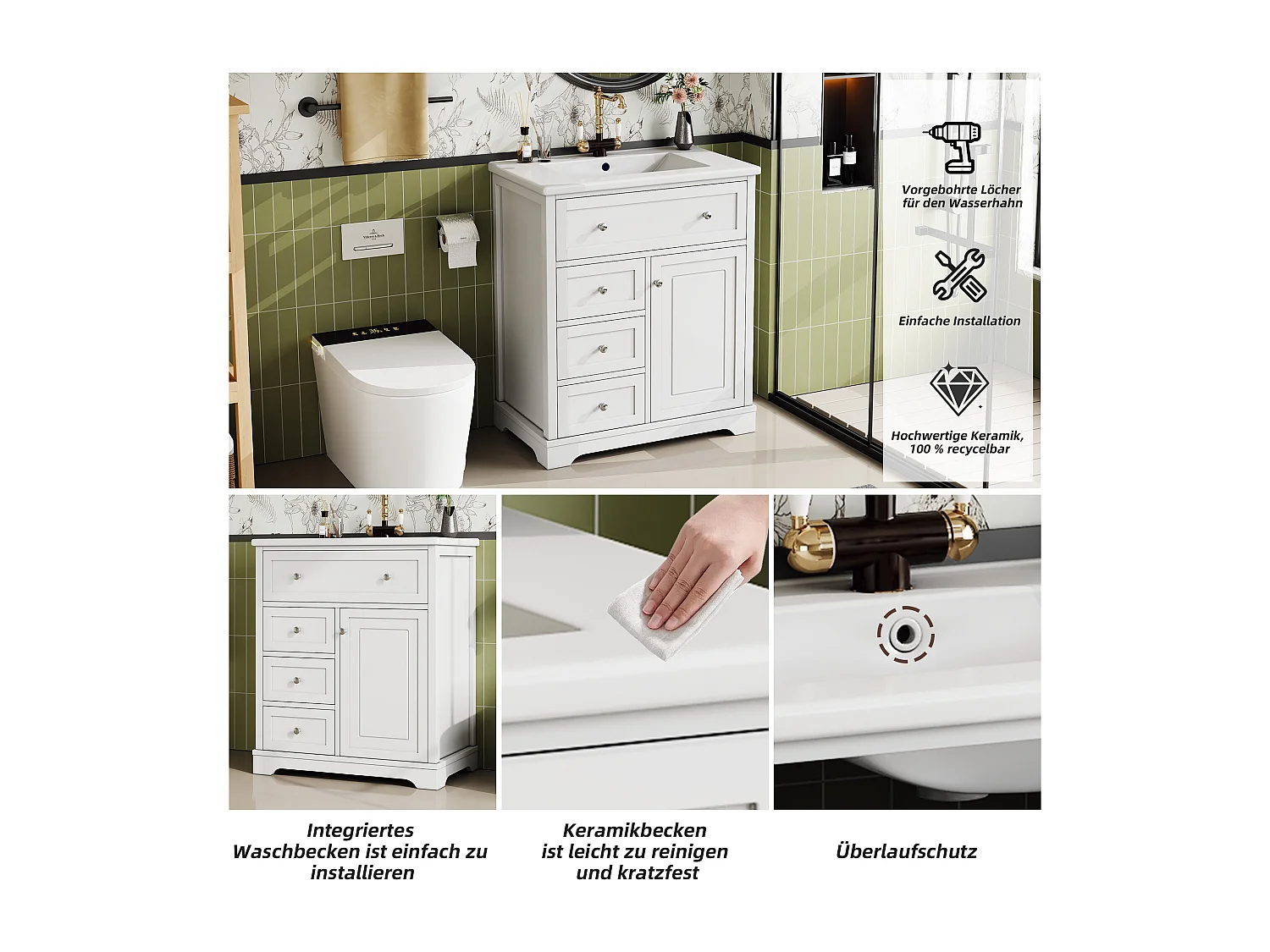 Meuble de salle de bain avec lavabo, peinture résistante à l'humidité, tiroirs à fermeture douce, étagères réglables, blanc, (76x46x87 cm)