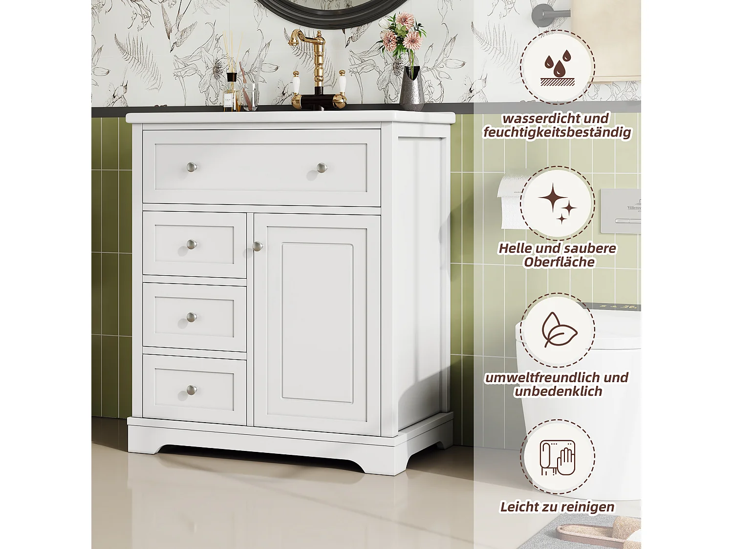 Meuble de salle de bain avec lavabo, peinture résistante à l'humidité, tiroirs à fermeture douce, étagères réglables, blanc, (76x46x87 cm)