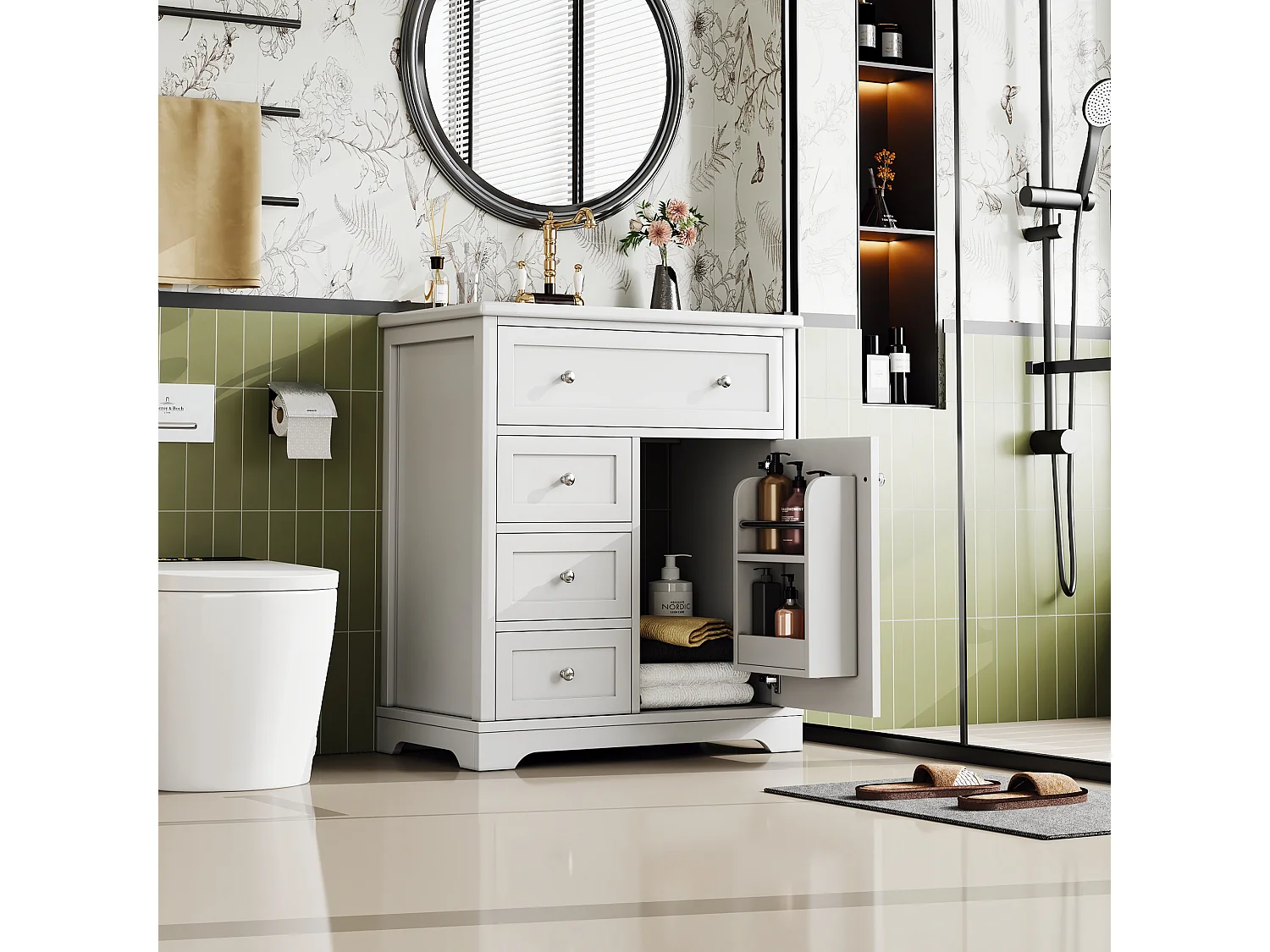 Meuble de salle de bain avec lavabo, peinture résistante à l'humidité, tiroirs à fermeture douce, étagères réglables, blanc, (76x46x87 cm)