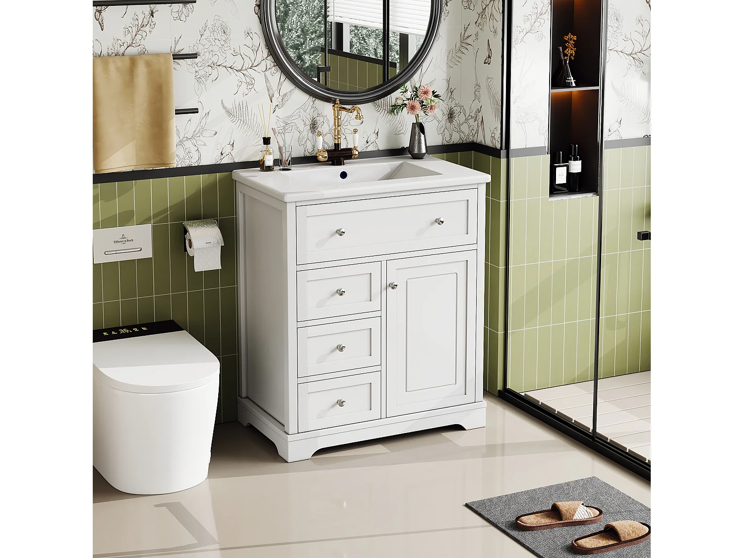 Meuble de salle de bain avec lavabo, peinture résistante à l'humidité, tiroirs à fermeture douce, étagères réglables, blanc, (76x46x87 cm)