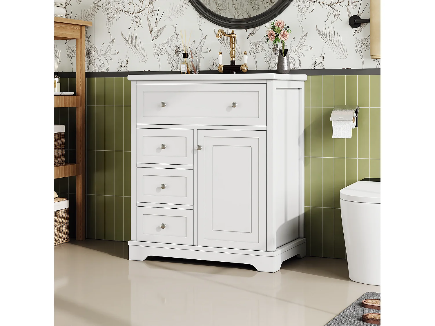 Meuble de salle de bain avec lavabo, peinture résistante à l'humidité, tiroirs à fermeture douce, étagères réglables, blanc, (76x46x87 cm)