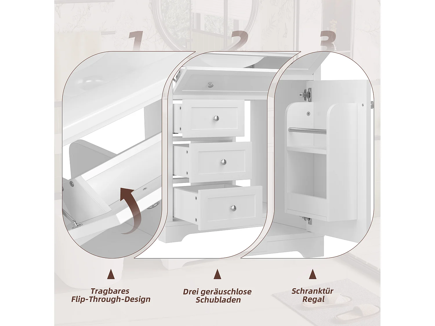 Meuble de salle de bain avec lavabo, peinture résistante à l'humidité, tiroirs à fermeture douce, étagères réglables, blanc, (76x46x87 cm)