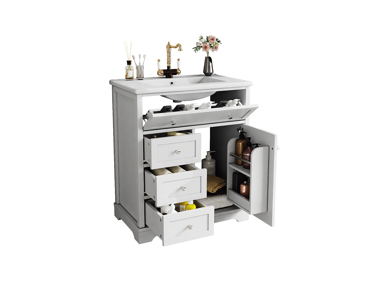 Meuble de salle de bain avec lavabo, peinture résistante à l'humidité, tiroirs à fermeture douce, étagères réglables, blanc, (76x46x87 cm)