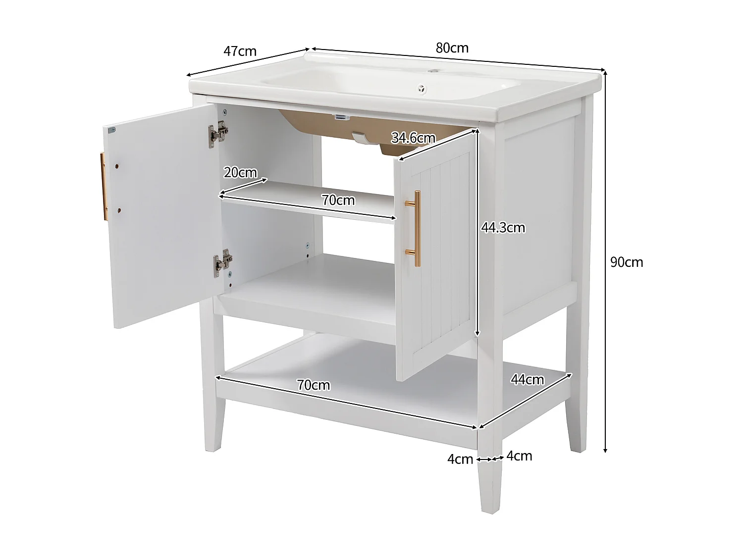 Badkamermeubel met keramische wastafel, 6 lades, 4 deuren, wit (80x47x89 cm)