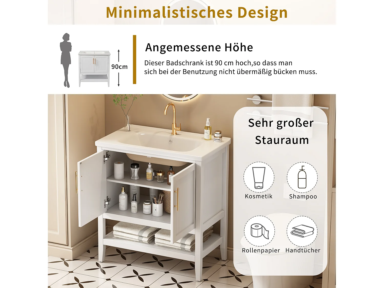 Badkamermeubel met keramische wastafel, 6 lades, 4 deuren, wit (80x47x89 cm)