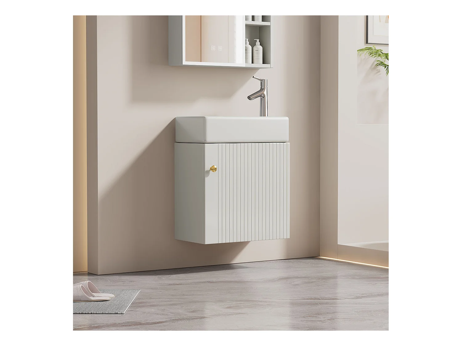 Meuble de salle de bain avec lavabo et meuble sous-vasque suspendu, blanc, design compact (46x26x56 cm)