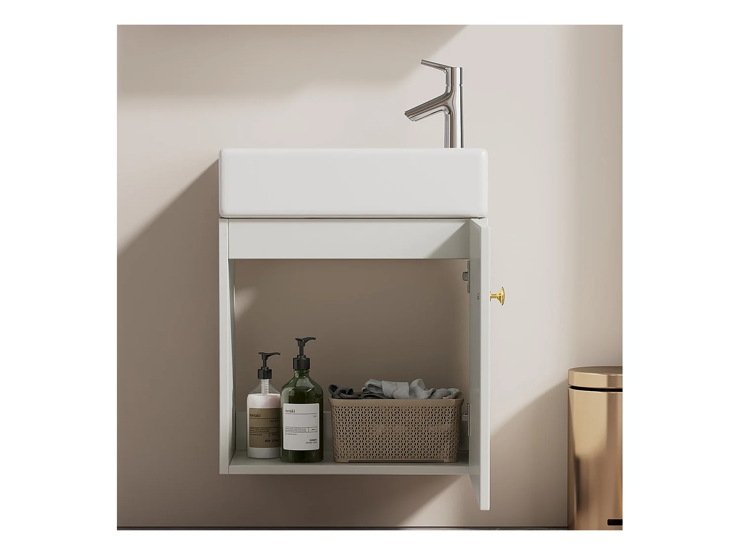 Meuble de salle de bain avec lavabo et meuble sous-vasque suspendu, blanc, design compact (46x26x56 cm)