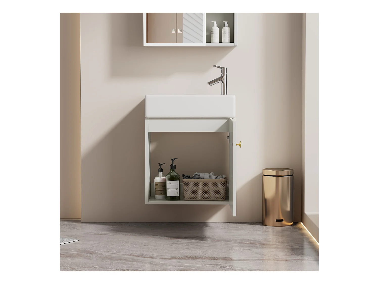 Meuble de salle de bain avec lavabo et meuble sous-vasque suspendu, blanc, design compact (46x26x56 cm)