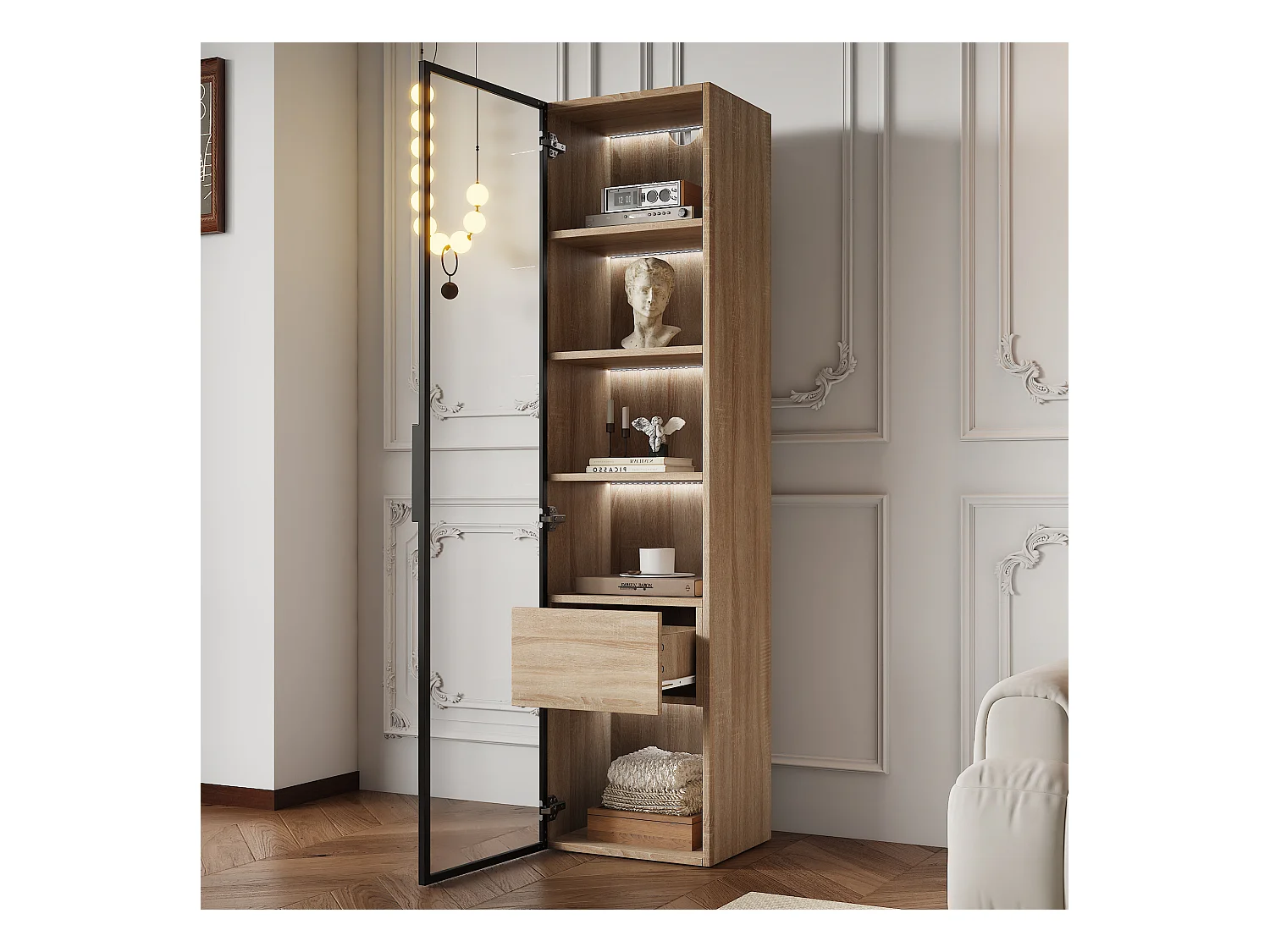 Meuble de rangement pour salle de bain avec éclairage LED, porte en verre, MDF, naturel (40x34.5x165 cm)