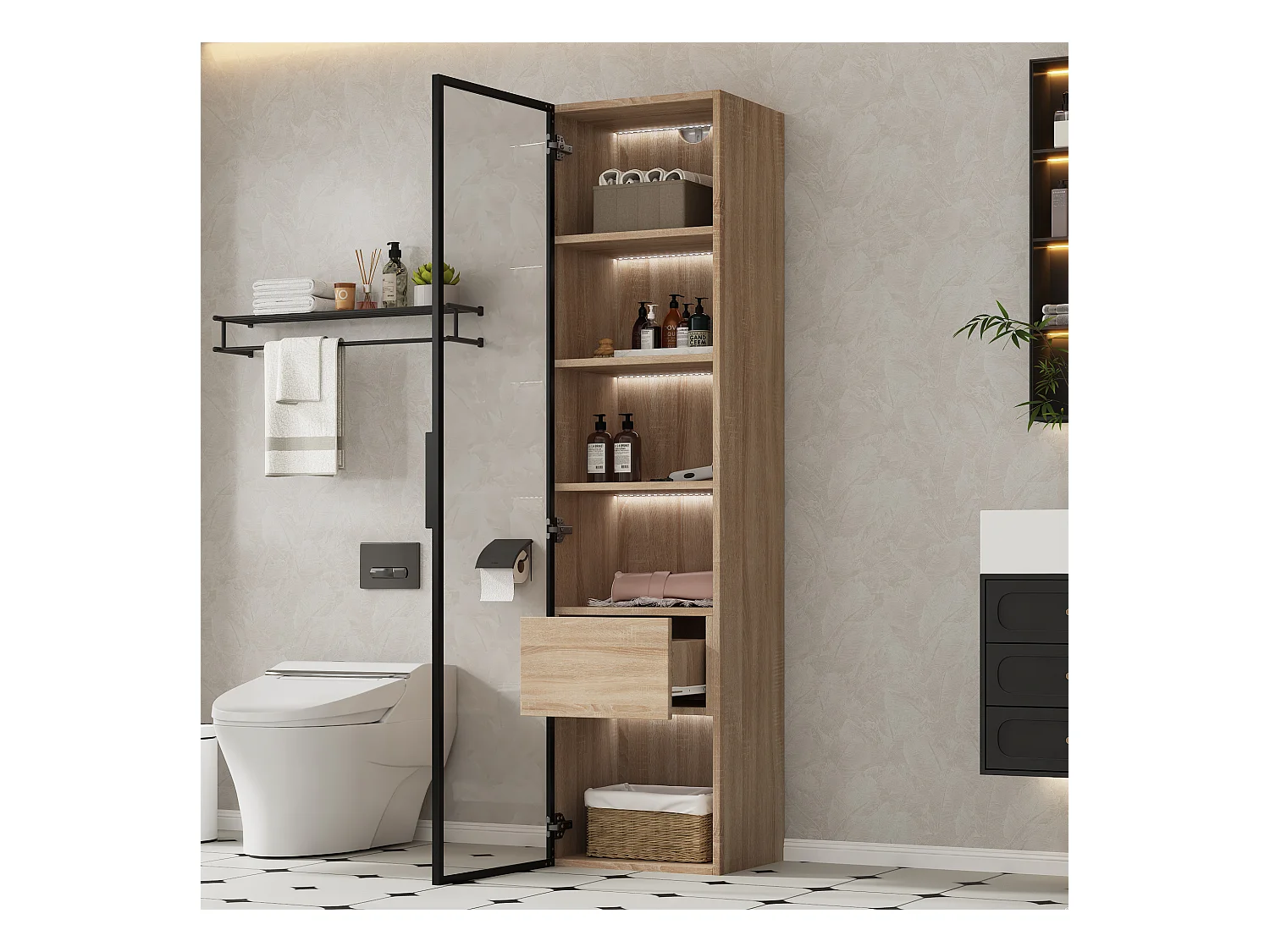 Meuble de rangement pour salle de bain avec éclairage LED, porte en verre, MDF, naturel (40x34.5x165 cm)