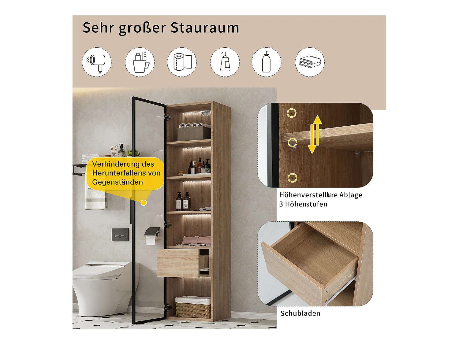 Meuble de rangement pour salle de bain avec éclairage LED, porte en verre, MDF, naturel (40x34.5x165 cm)