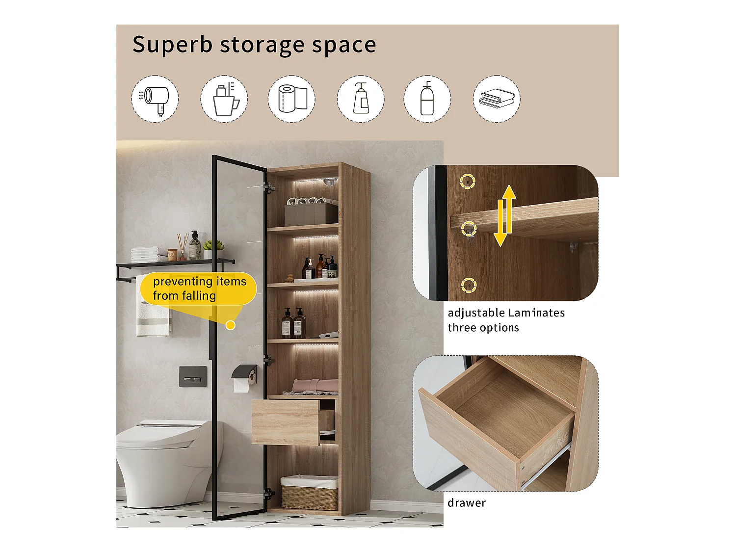 Meuble de rangement pour salle de bain avec éclairage LED, porte en verre, MDF, naturel (40x34.5x165 cm)