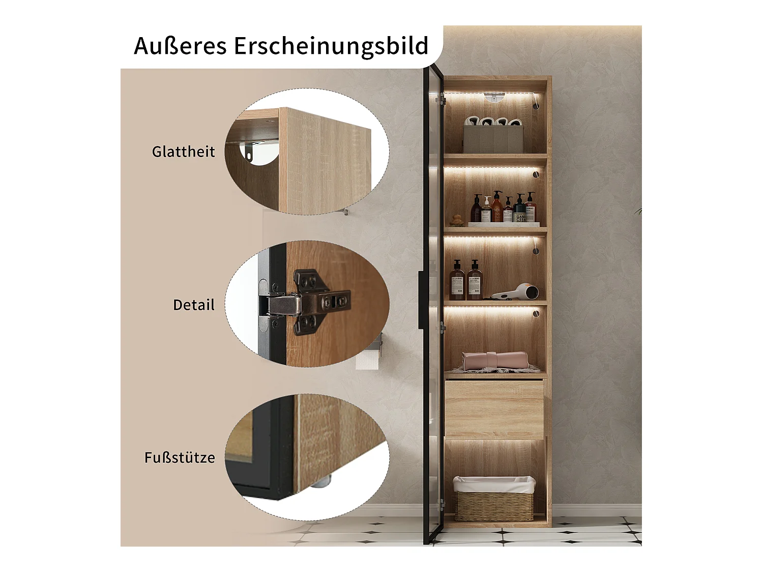 Meuble de rangement pour salle de bain avec éclairage LED, porte en verre, MDF, naturel (40x34.5x165 cm)